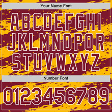 Load image into Gallery viewer, Custom Gold Crimson-White Splash 3D Pattern Design Bomber Full-Snap Varsity Letterman Hoodie Jacket
