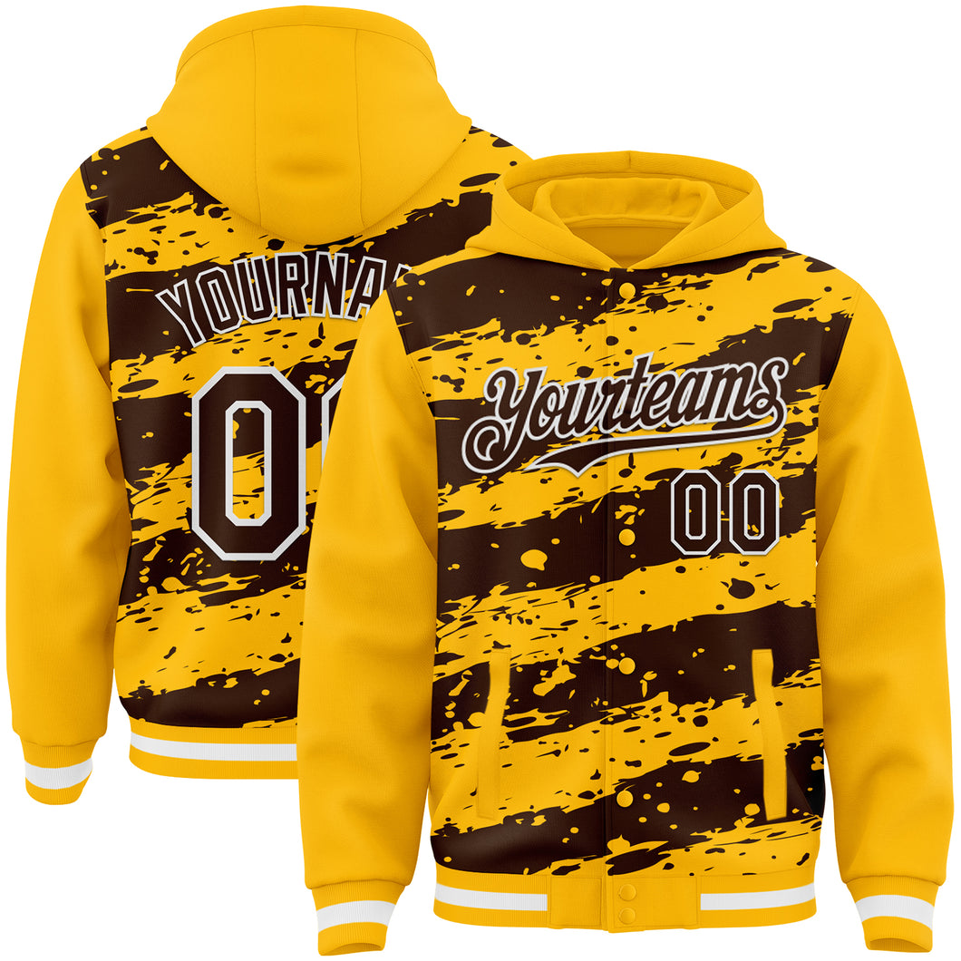 Custom Gold Brown-White Splash 3D Pattern Design Bomber Full-Snap Varsity Letterman Hoodie Jacket