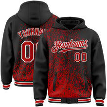 Load image into Gallery viewer, Custom Black Red-White Abstract Fragment Art 3D Pattern Design Bomber Full-Snap Varsity Letterman Hoodie Jacket
