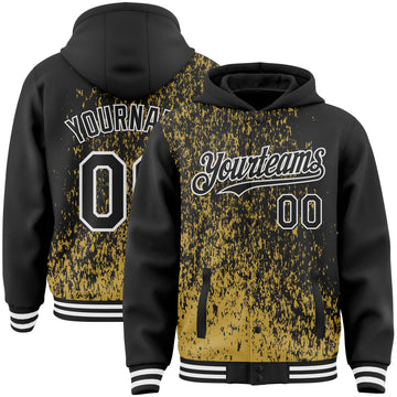 Custom Old Gold Black-White Abstract Fragment Art 3D Pattern Design Bomber Full-Snap Varsity Letterman Hoodie Jacket