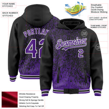 Load image into Gallery viewer, Custom Black Purple-White Abstract Fragment Art 3D Pattern Design Bomber Full-Snap Varsity Letterman Hoodie Jacket
