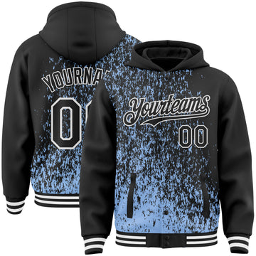 Custom Light Blue Black-White Abstract Fragment Art 3D Pattern Design Bomber Full-Snap Varsity Letterman Hoodie Jacket