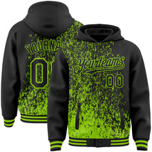 Load image into Gallery viewer, Custom Black Black-Neon Green Abstract Fragment Art 3D Pattern Design Bomber Full-Snap Varsity Letterman Hoodie Jacket
