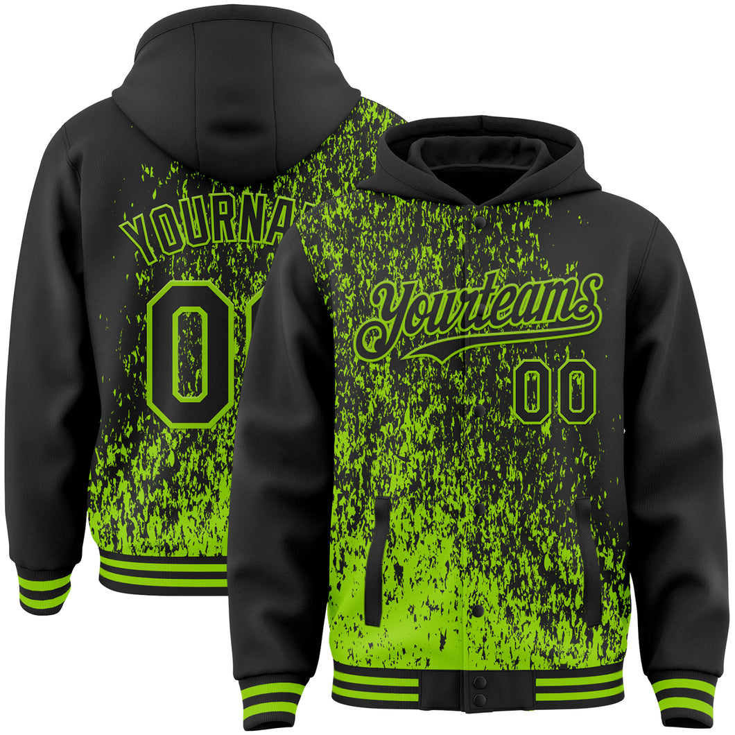 Custom Black Black-Neon Green Abstract Fragment Art 3D Pattern Design Bomber Full-Snap Varsity Letterman Hoodie Jacket