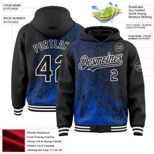 Load image into Gallery viewer, Custom Thunder Blue Black-White Abstract Fragment Art 3D Pattern Design Bomber Full-Snap Varsity Letterman Hoodie Jacket
