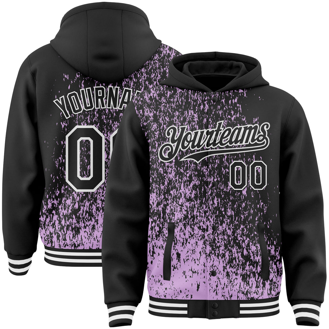Custom Light Purple Black-White Abstract Fragment Art 3D Pattern Design Bomber Full-Snap Varsity Letterman Hoodie Jacket