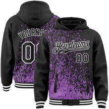 Load image into Gallery viewer, Custom Medium Purple Black-White Abstract Fragment Art 3D Pattern Design Bomber Full-Snap Varsity Letterman Hoodie Jacket
