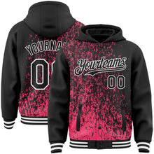 Load image into Gallery viewer, Custom Neon Pink Black-White Abstract Fragment Art 3D Pattern Design Bomber Full-Snap Varsity Letterman Hoodie Jacket
