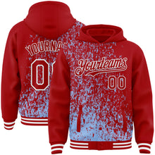 Load image into Gallery viewer, Custom Light Blue Red-White Abstract Fragment Art 3D Pattern Design Bomber Full-Snap Varsity Letterman Hoodie Jacket
