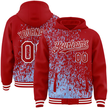 Custom Light Blue Red-White Abstract Fragment Art 3D Pattern Design Bomber Full-Snap Varsity Letterman Hoodie Jacket