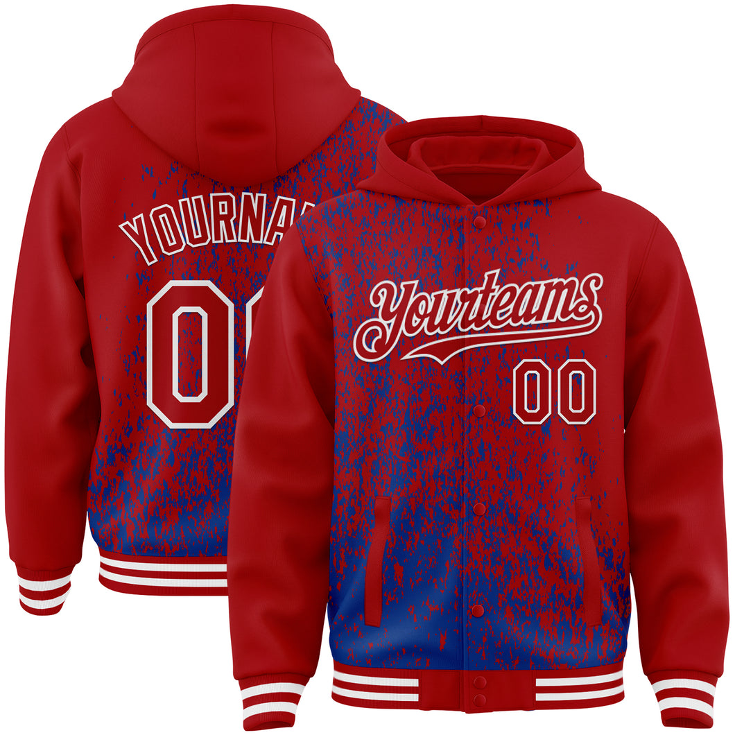 Custom Royal Red-White Abstract Fragment Art 3D Pattern Design Bomber Full-Snap Varsity Letterman Hoodie Jacket