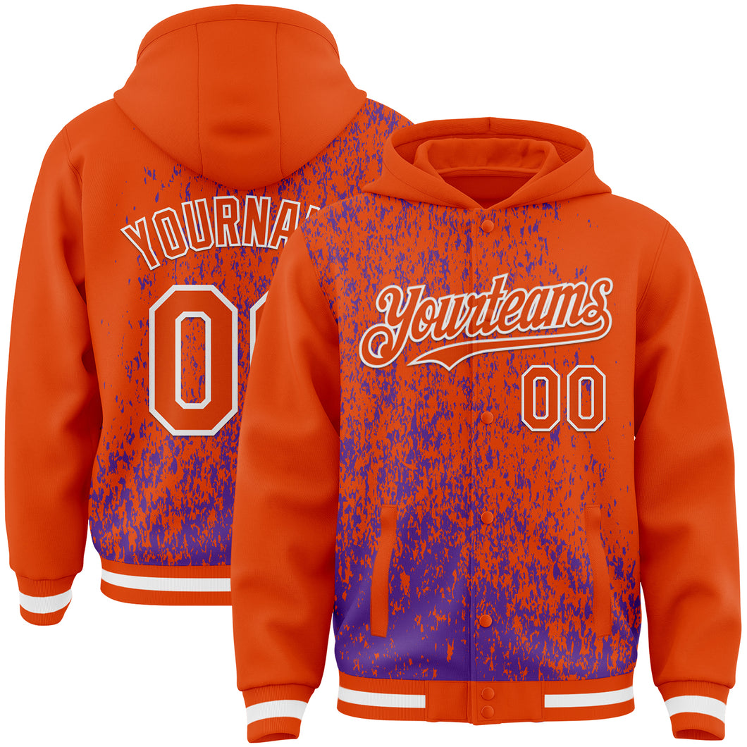 Custom Purple Orange-White Abstract Fragment Art 3D Pattern Design Bomber Full-Snap Varsity Letterman Hoodie Jacket