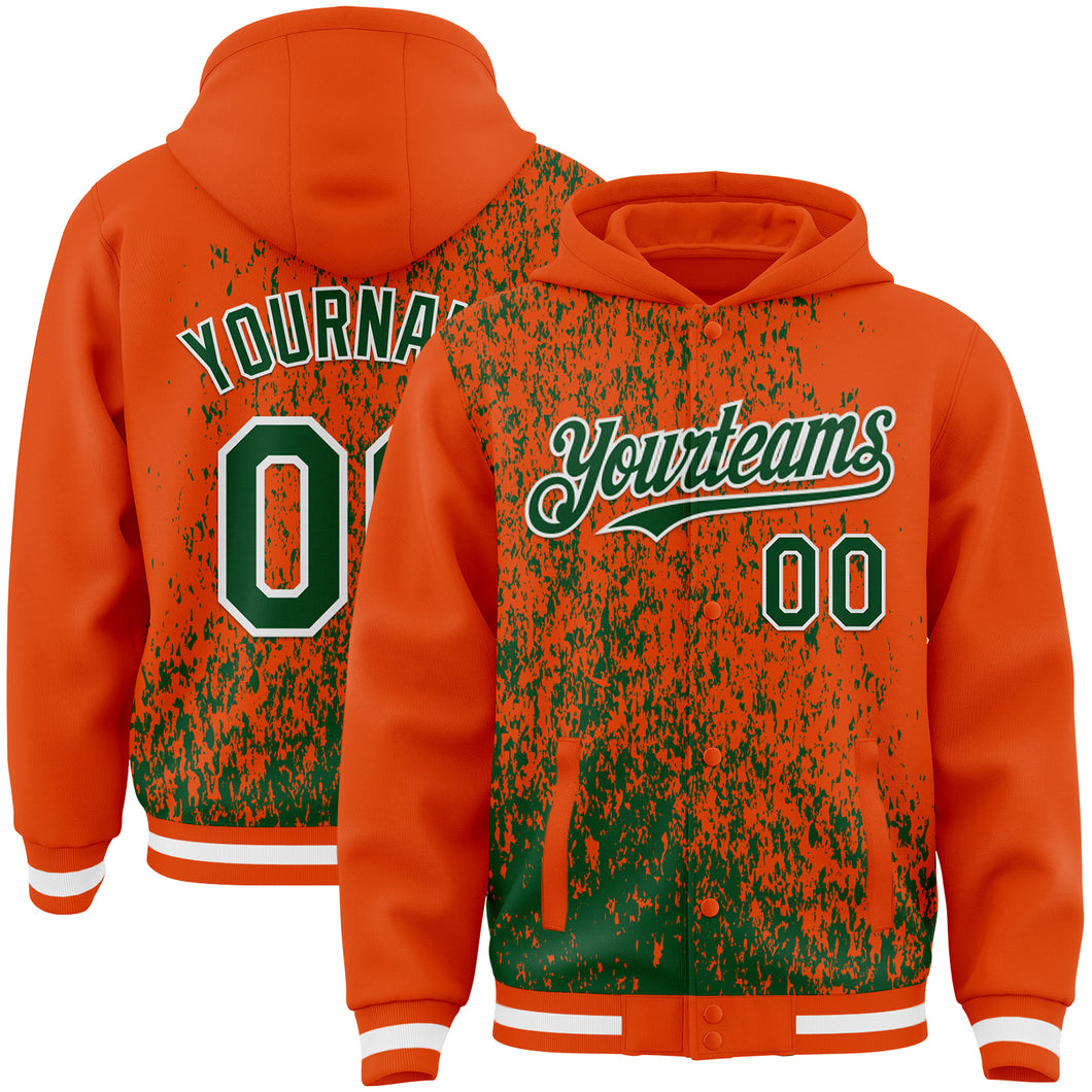 Custom Orange Green-White Abstract Fragment Art 3D Pattern Design Bomber Full-Snap Varsity Letterman Hoodie Jacket