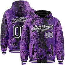 Load image into Gallery viewer, Custom Purple Black-White 3D Pattern Design Bomber Full-Snap Varsity Letterman Hoodie Jacket
