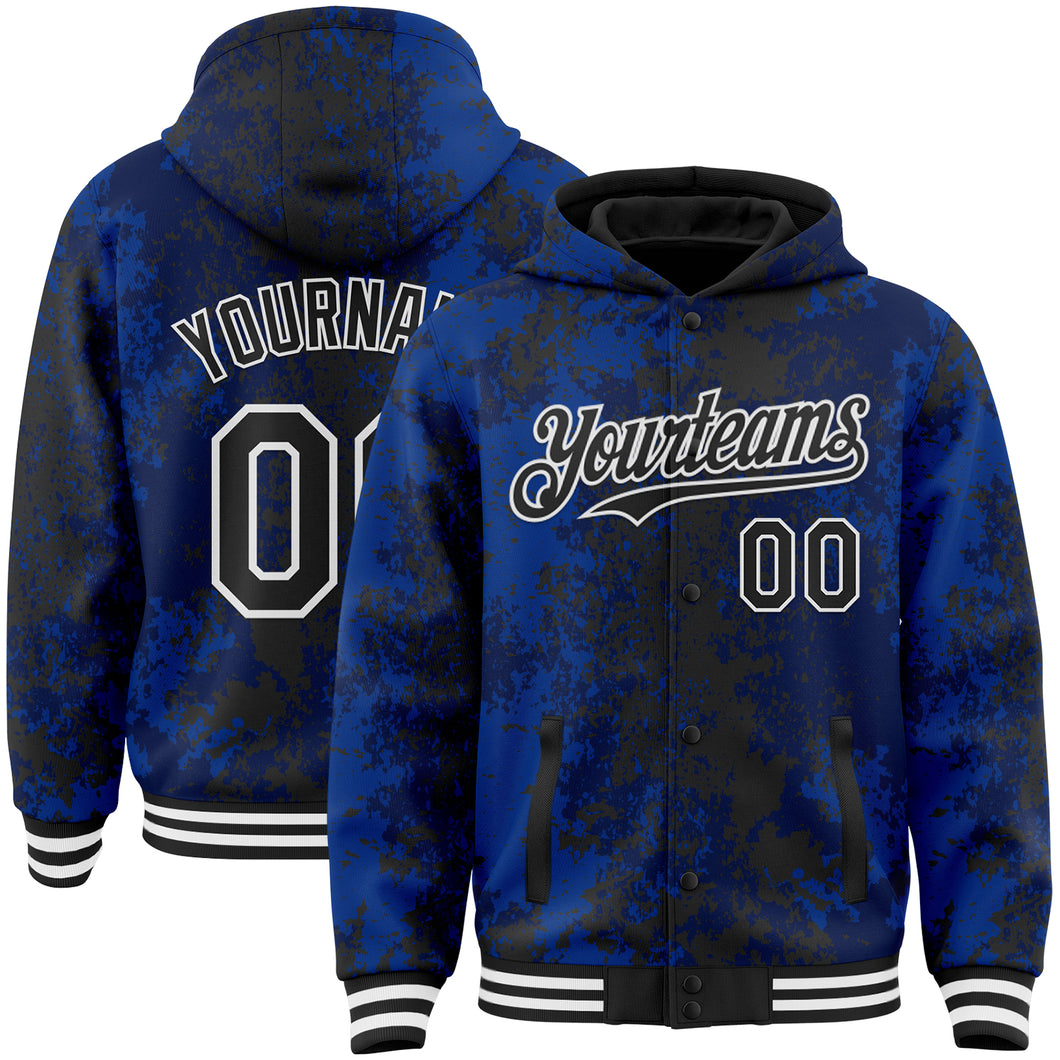Custom Royal Black-White 3D Pattern Design Bomber Full-Snap Varsity Letterman Hoodie Jacket