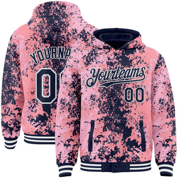 Custom Pink Navy-White 3D Pattern Design Bomber Full-Snap Varsity Letterman Hoodie Jacket