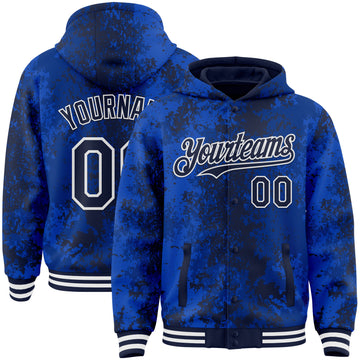 Custom Royal Navy-White 3D Pattern Design Bomber Full-Snap Varsity Letterman Hoodie Jacket