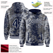 Load image into Gallery viewer, Custom Gray Navy-White 3D Pattern Design Bomber Full-Snap Varsity Letterman Hoodie Jacket
