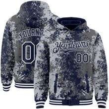 Load image into Gallery viewer, Custom Gray Navy-White 3D Pattern Design Bomber Full-Snap Varsity Letterman Hoodie Jacket
