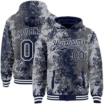 Custom Gray Navy-White 3D Pattern Design Bomber Full-Snap Varsity Letterman Hoodie Jacket