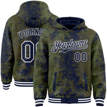 Загрузить изображение в средство просмотра галереи, Custom Olive Navy-White 3D Pattern Design Bomber Full-Snap Varsity Letterman Hoodie Jacket
