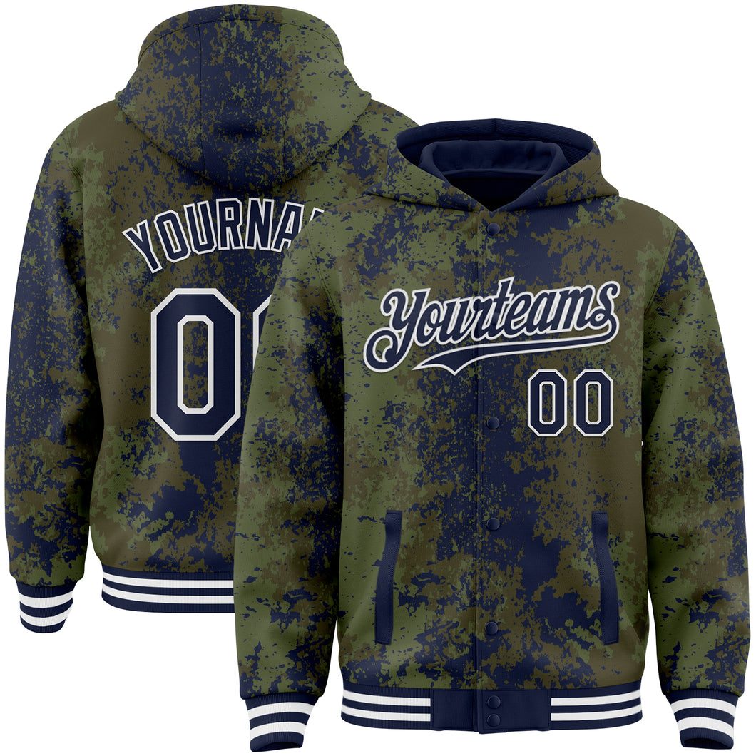 Custom Olive Navy-White 3D Pattern Design Bomber Full-Snap Varsity Letterman Hoodie Jacket
