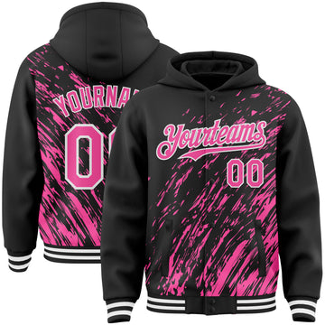 Custom Black Pink-White 3D Pattern Design Bomber Full-Snap Varsity Letterman Hoodie Jacket
