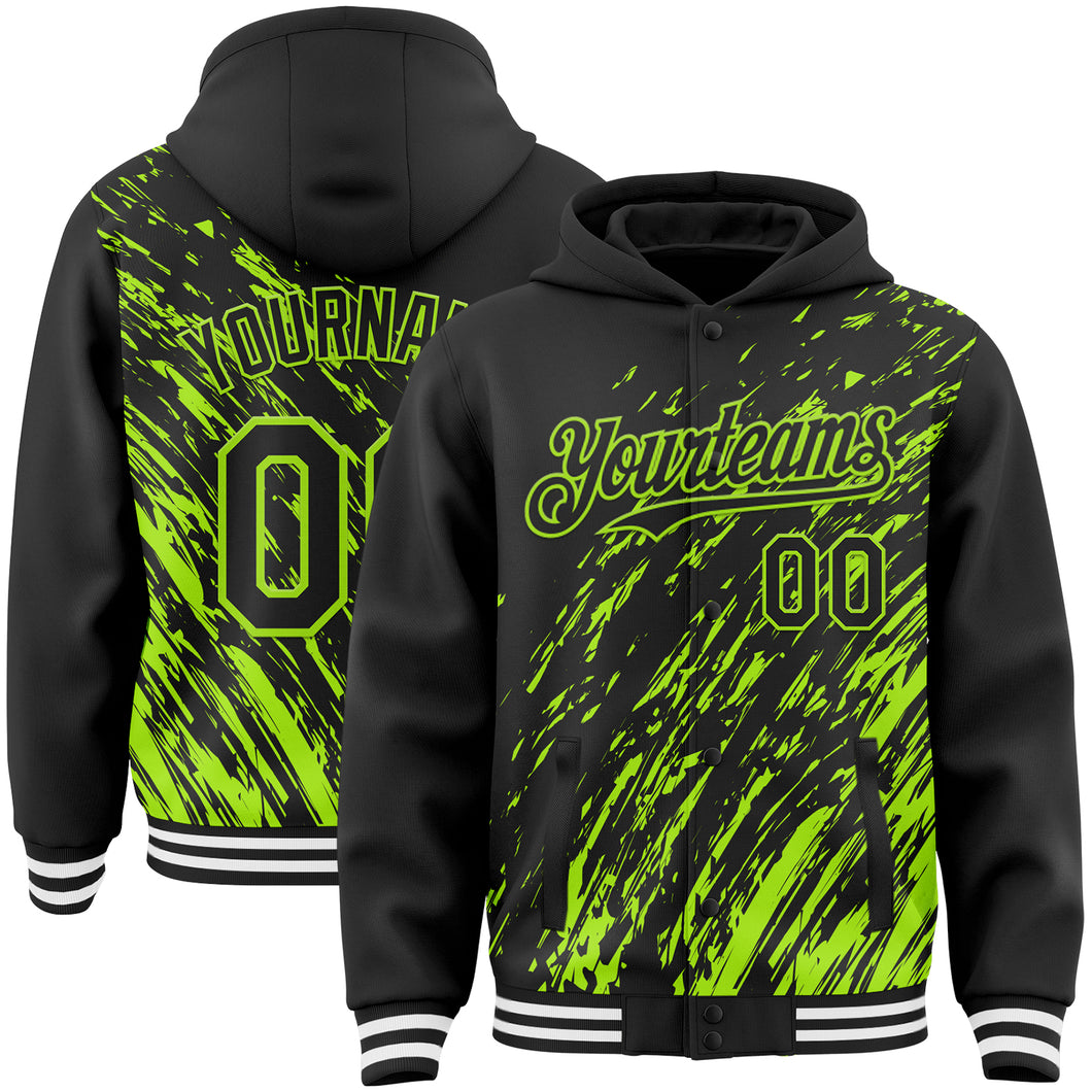 Custom Black Black-Neon Green 3D Pattern Design Bomber Full-Snap Varsity Letterman Hoodie Jacket