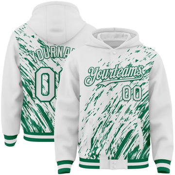 Custom White White-Kelly Green 3D Pattern Design Bomber Full-Snap Varsity Letterman Hoodie Jacket