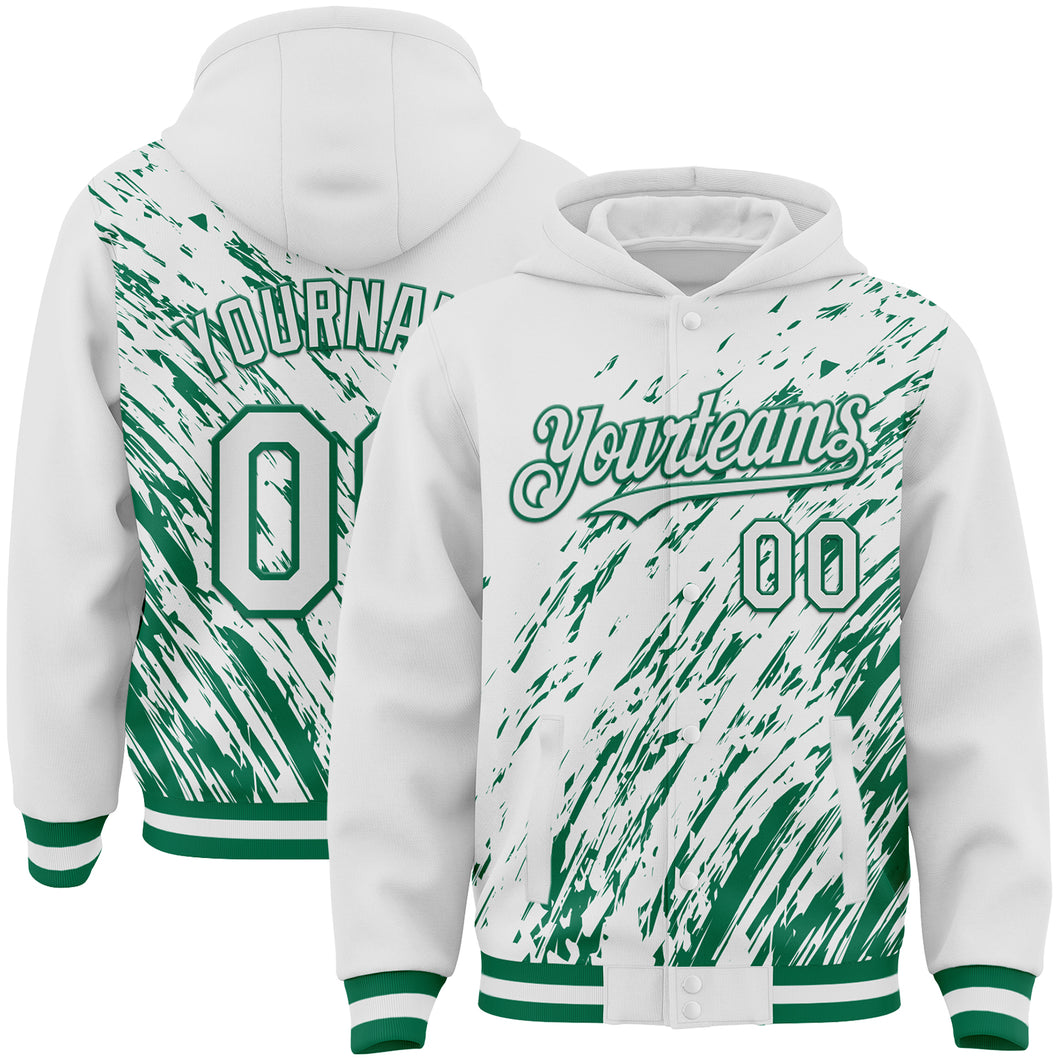 Custom White White-Kelly Green 3D Pattern Design Bomber Full-Snap Varsity Letterman Hoodie Jacket