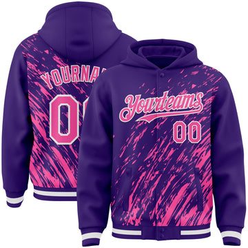 Custom Purple Pink-White 3D Pattern Design Bomber Full-Snap Varsity Letterman Hoodie Jacket
