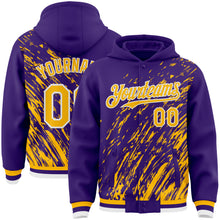 Load image into Gallery viewer, Custom Purple Gold-White 3D Pattern Design Bomber Full-Snap Varsity Letterman Hoodie Jacket
