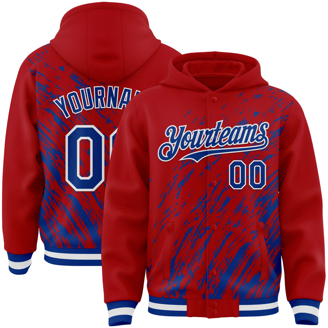 Custom Red Royal-White 3D Pattern Design Bomber Full-Snap Varsity Letterman Hoodie Jacket