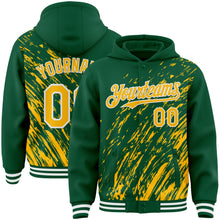 Load image into Gallery viewer, Custom Kelly Green Gold-White 3D Pattern Design Bomber Full-Snap Varsity Letterman Hoodie Jacket
