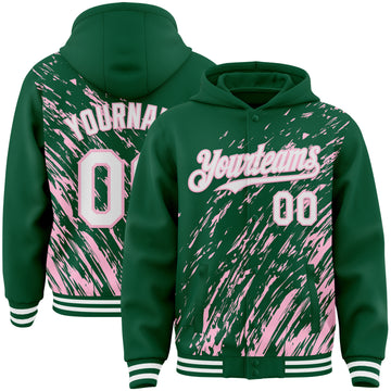 Custom Kelly Green White-Light Pink 3D Pattern Design Bomber Full-Snap Varsity Letterman Hoodie Jacket
