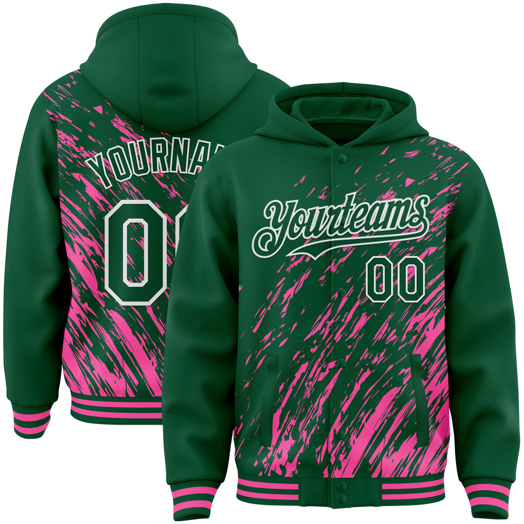 Custom Pink Kelly Green-White 3D Pattern Design Bomber Full-Snap Varsity Letterman Hoodie Jacket