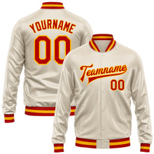 Load image into Gallery viewer, Custom Cream Red-Gold Bomber Full-Snap Varsity Faux Leather Letterman Jacket
