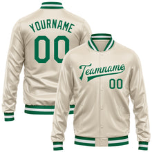 Загрузить изображение в средство просмотра галереи, Custom Cream Kelly Green Bomber Full-Snap Varsity Faux Leather Letterman Jacket
