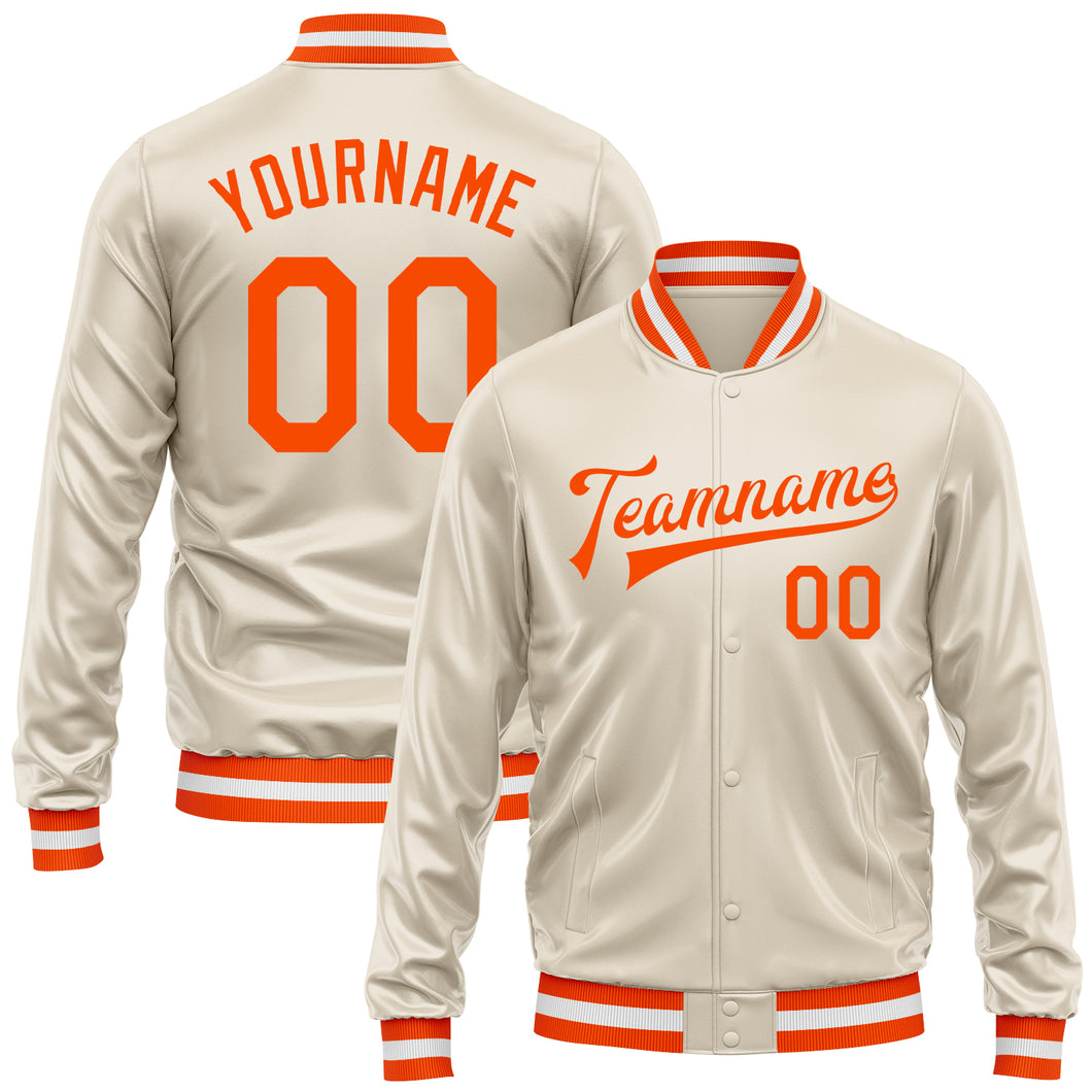Custom Cream Orange Bomber Full-Snap Varsity Faux Leather Letterman Jacket