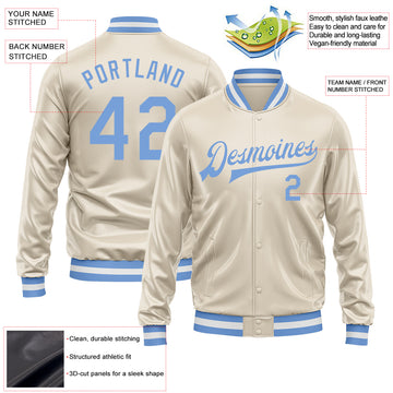 Custom Cream Light Blue Bomber Full-Snap Varsity Faux Leather Letterman Jacket