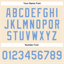 Load image into Gallery viewer, Custom Cream Light Blue Bomber Full-Snap Varsity Faux Leather Letterman Jacket
