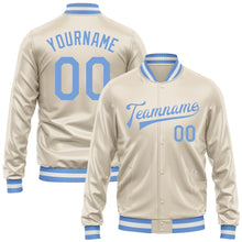 Load image into Gallery viewer, Custom Cream Light Blue Bomber Full-Snap Varsity Faux Leather Letterman Jacket
