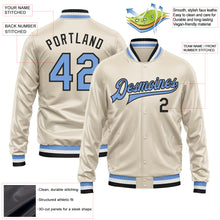 Load image into Gallery viewer, Custom Cream Light Blue-Black Bomber Full-Snap Varsity Faux Leather Letterman Jacket
