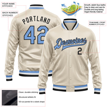 Custom Cream Light Blue-Black Bomber Full-Snap Varsity Faux Leather Letterman Jacket