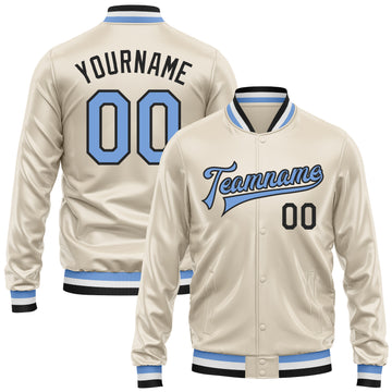 Custom Cream Light Blue-Black Bomber Full-Snap Varsity Faux Leather Letterman Jacket