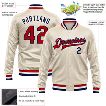 Load image into Gallery viewer, Custom Cream Red-Navy Bomber Full-Snap Varsity Faux Leather Letterman Jacket
