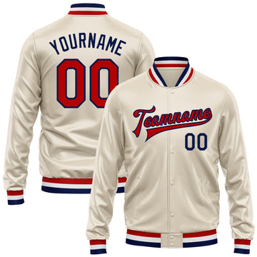 Custom Cream Red-Navy Bomber Full-Snap Varsity Faux Leather Letterman Jacket