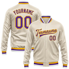 Загрузить изображение в средство просмотра галереи, Custom Cream Purple-Gold Bomber Full-Snap Varsity Faux Leather Letterman Jacket
