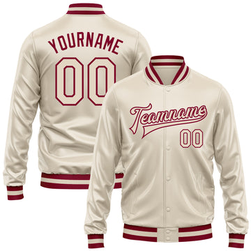 Custom Cream Cream-Maroon Bomber Full-Snap Varsity Faux Leather Letterman Jacket