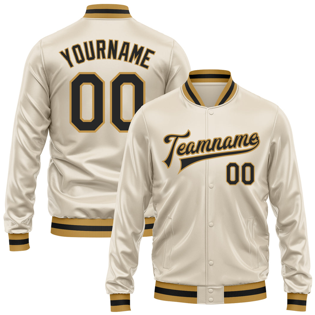 Custom Cream Black-Old Gold Bomber Full-Snap Varsity Faux Leather Letterman Jacket